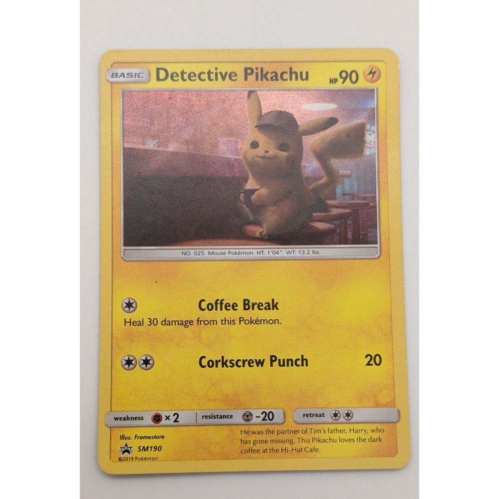 Detective Pikachu Pokemon Card SM190 Holo Promo Coffee Break Corkscrew Punch